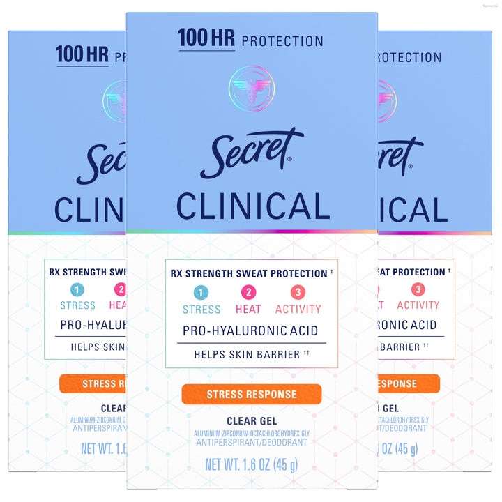 Secret clear gel front packaging showing brand and clinical strength benefit
