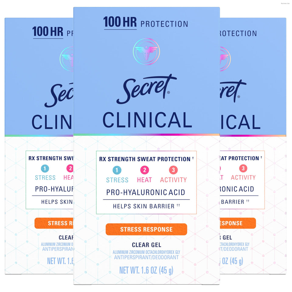 Secret clear gel front packaging showing brand and clinical strength benefit