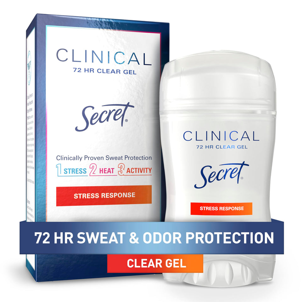 Secret clear gel front packaging showing product and benefit of strong wetness protection