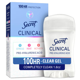 Secret clear gel front packaging showing product benefits and scent