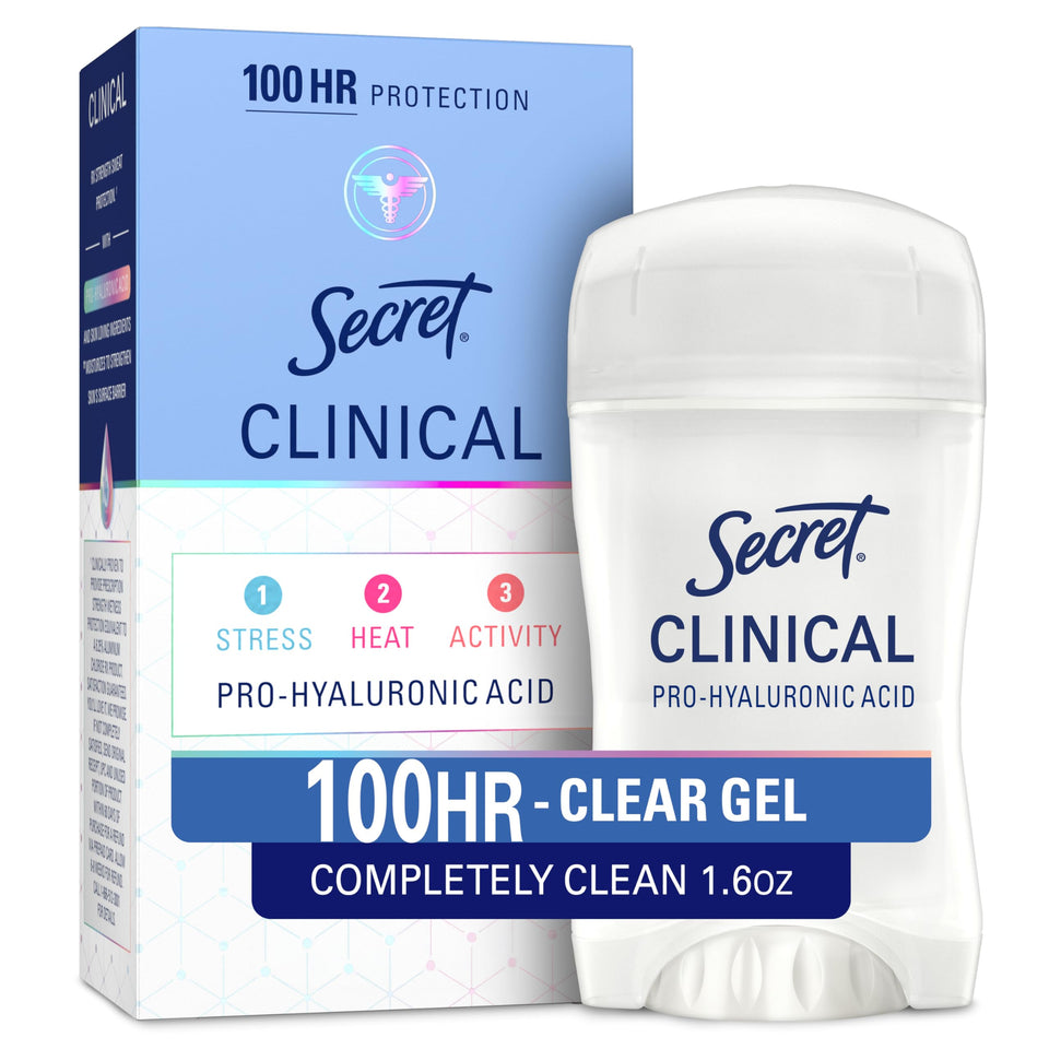 Secret clear gel front packaging showing product benefits and scent