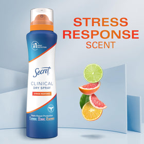 Secret clinical dry spray next to fabric implying no visible residue on clothing