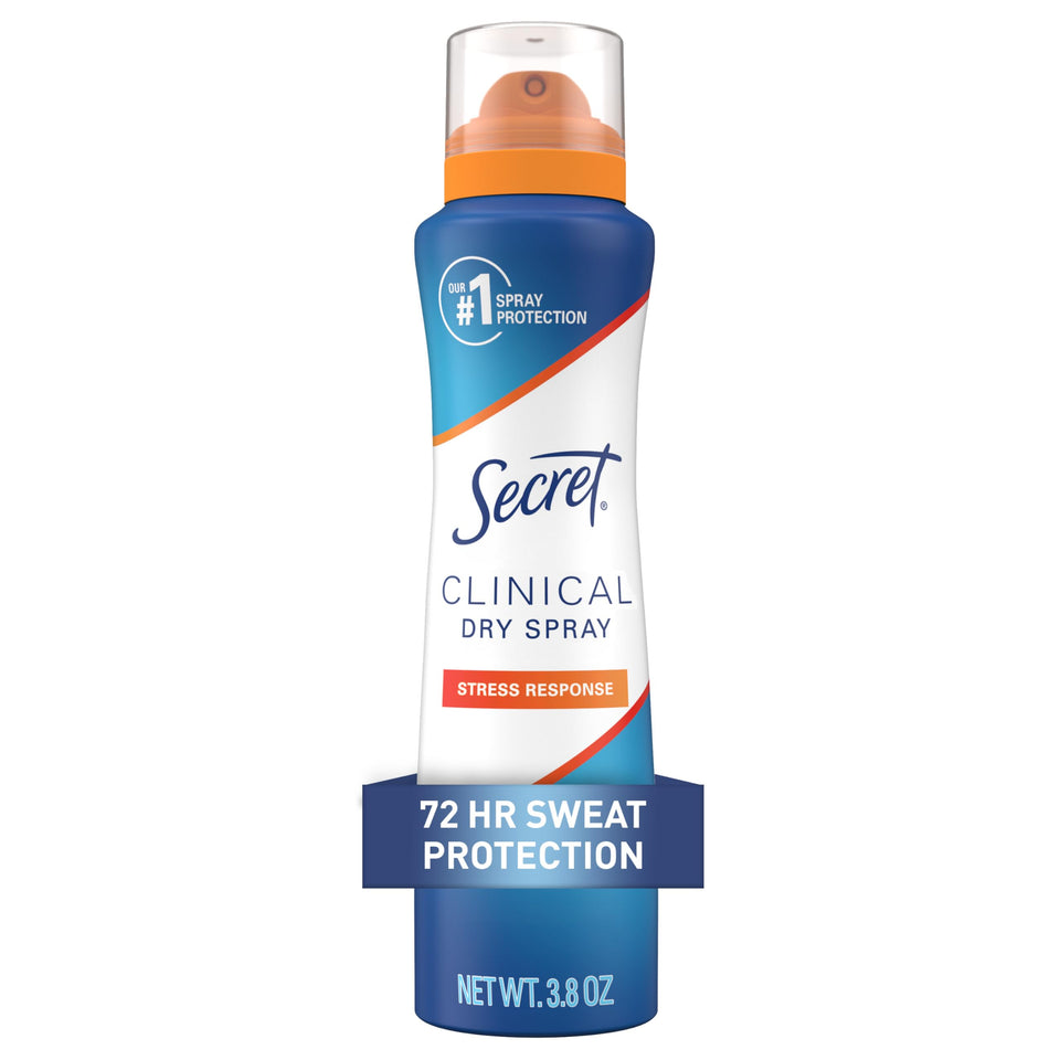 Secret clinical dry spray front packaging showing product and benefit