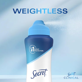 Secret clinical spray applied to underarm showing fast-dry confidence benefit