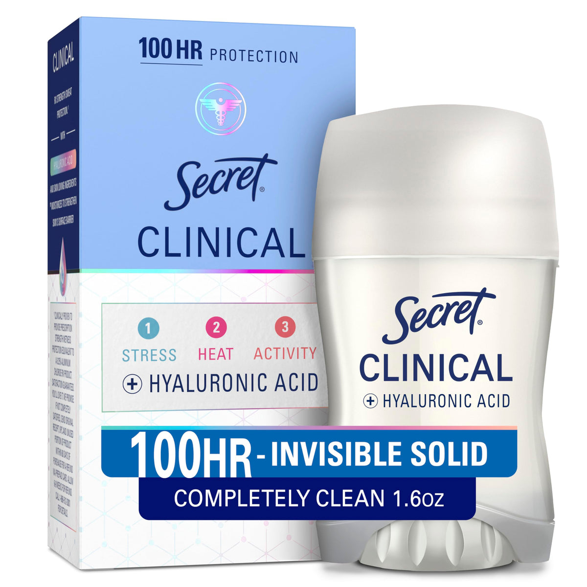 Secret clinical front packaging showing product and clean scent benefit