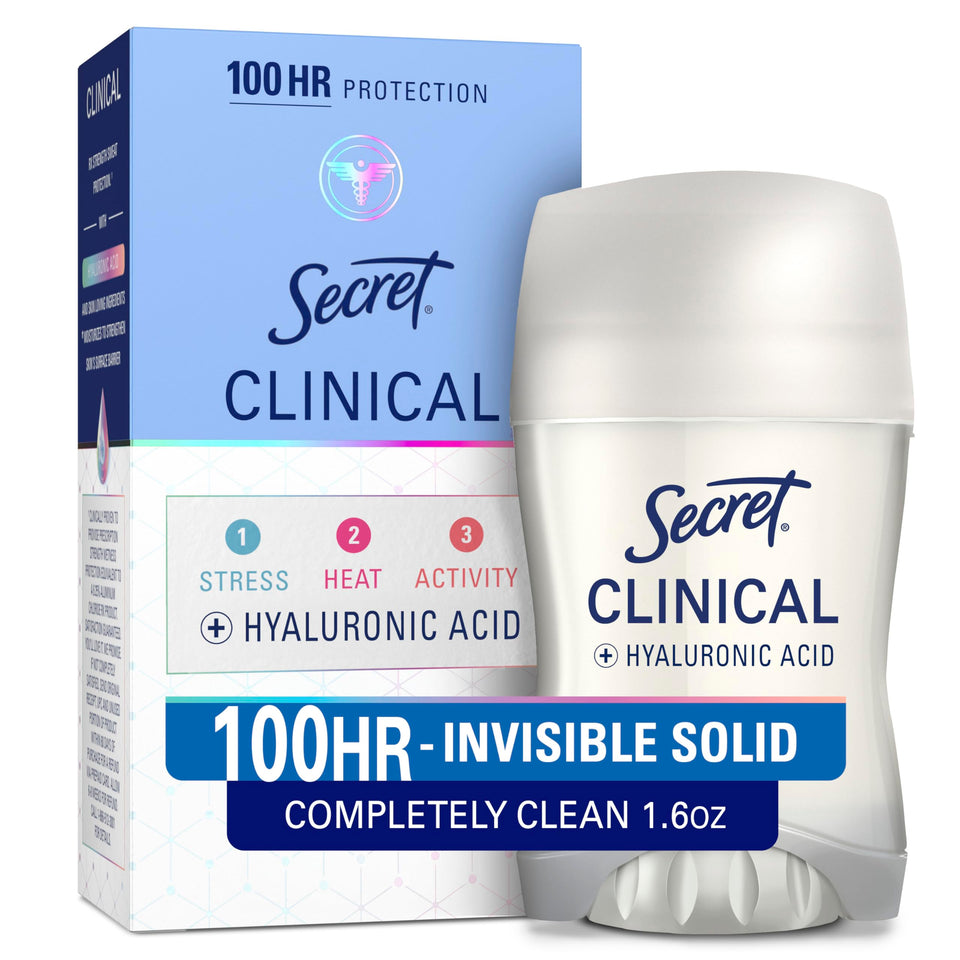 Secret clinical front packaging showing product and clean scent benefit