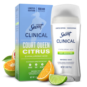 Secret Clinical front packaging showing stick and Court Queen Citrus label for confidence