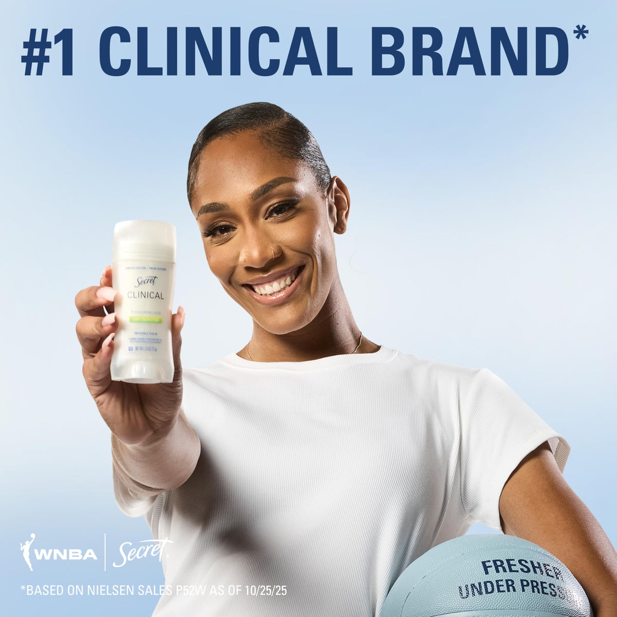 Secret Clinical applied by athlete on court illustrating long-lasting sweat control