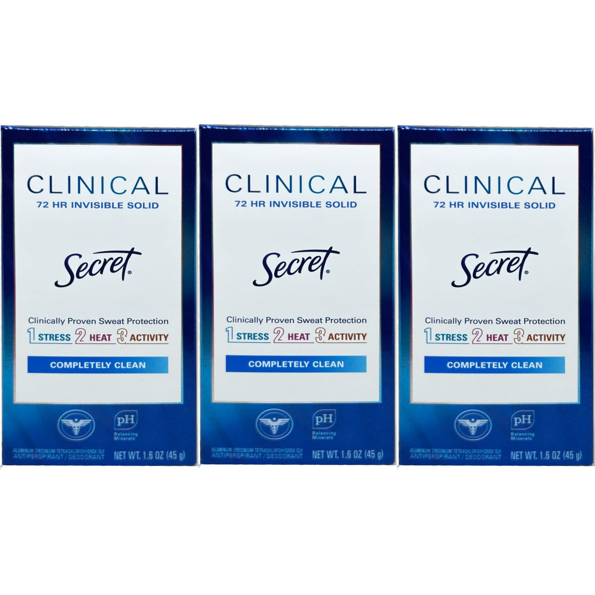 Secret clinical strength front packaging showing three invisible solid sticks for reliable protection