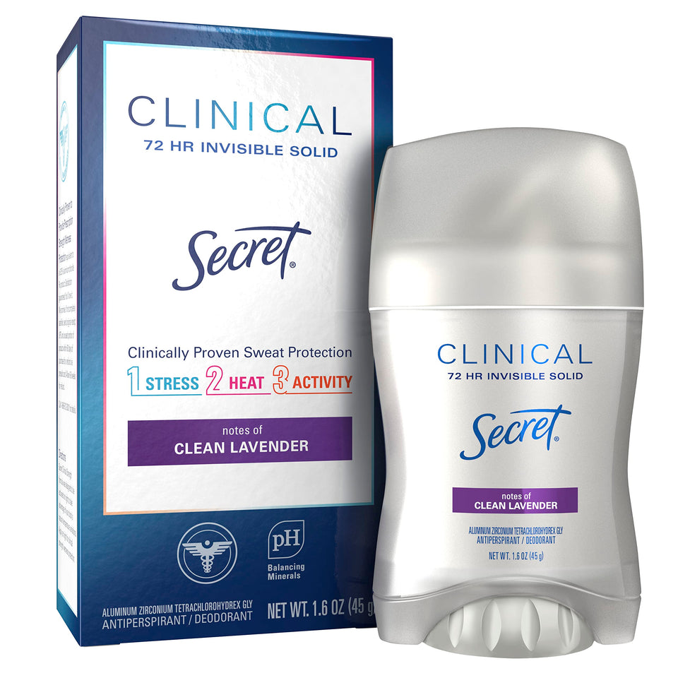 Secret front packaging showing lavender clinical protection and 72-hour benefit