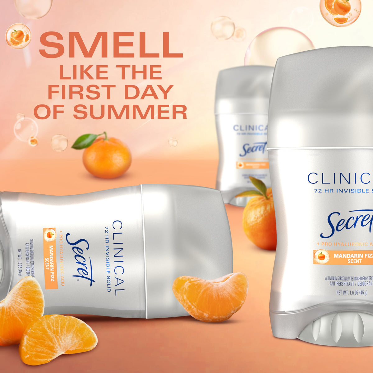Secret Clinical Mandarin Fizz label detail highlighting 72-hour protection claims