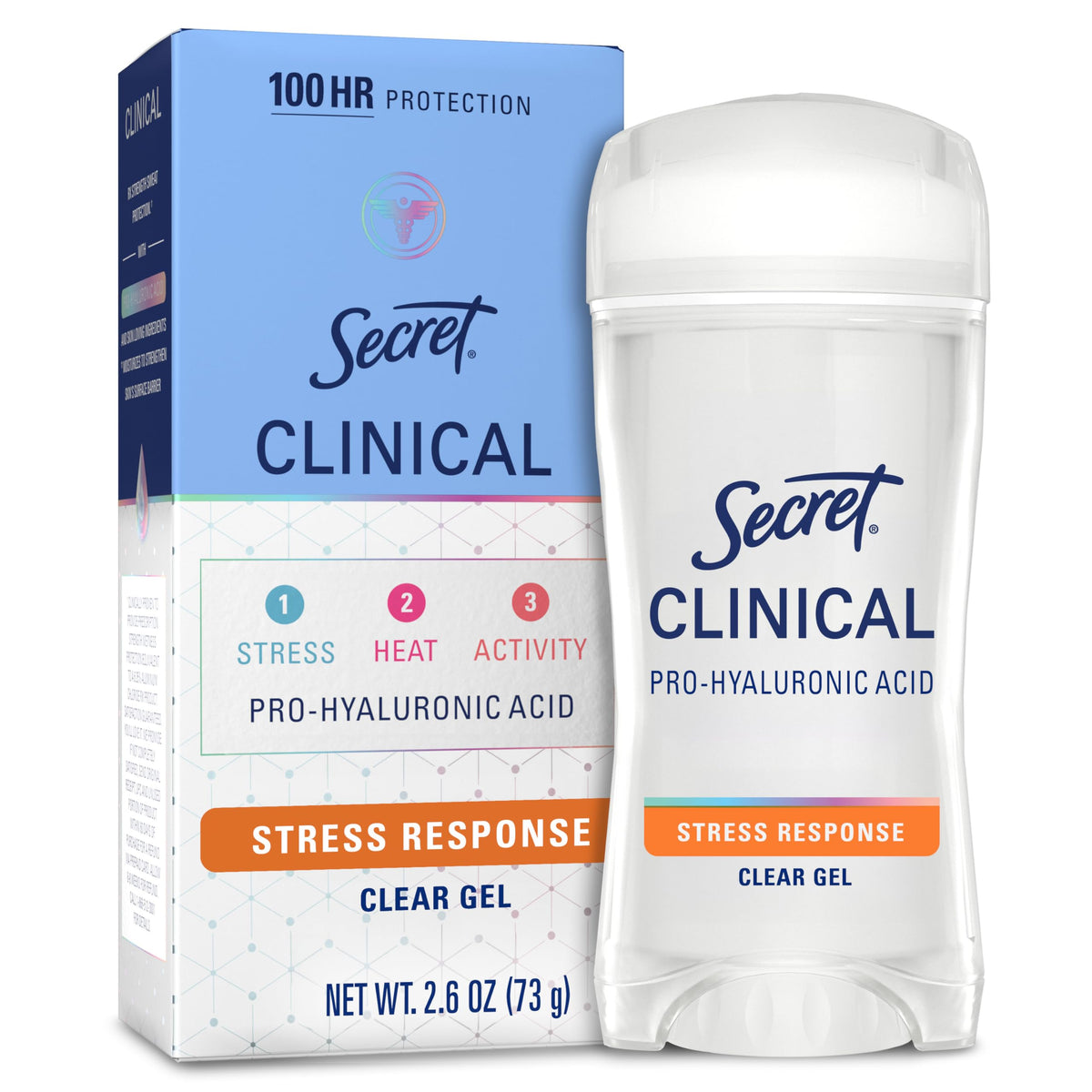 Secret clear gel front packaging shows clinical-strength protection and easy application