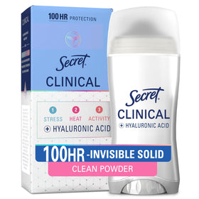 Secret clinical strength front packaging showing powder protection scent and size benefit