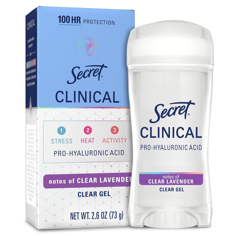 Secret clinical strength front packaging showing clear lavender scent and size benefits