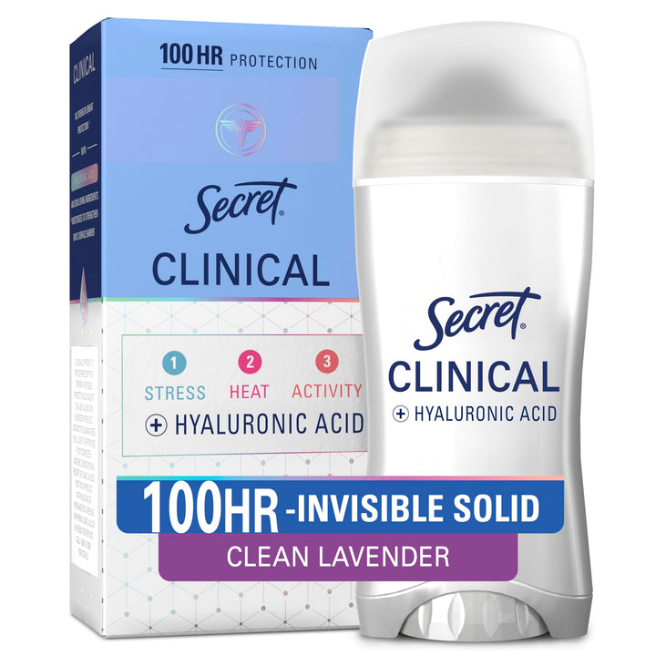 Secret Clinical Strength front packaging showing bottle and Clean Lavender scent benefit