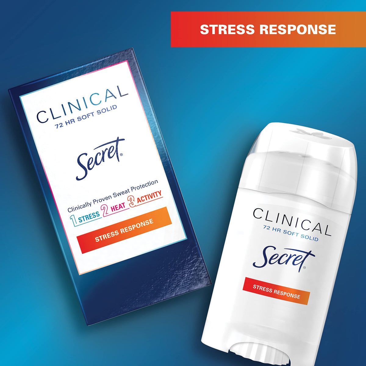 Secret clinical strength soft solid ingredient label close-up showing conditioners and paraben-free benefit