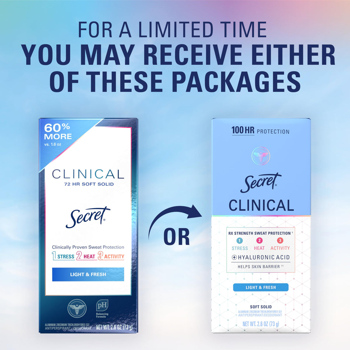 Secret Clinical Strength in travel pouch showing long-lasting protection on the go