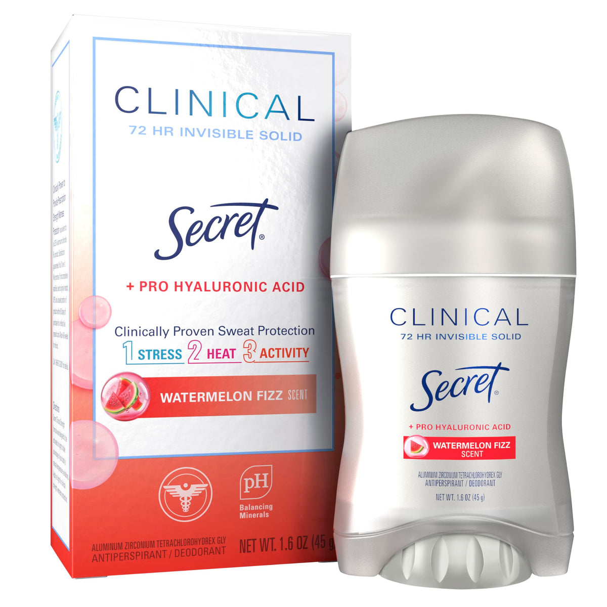 Secret Clinical front packaging showing watermelon fizz scent and 72hr protection