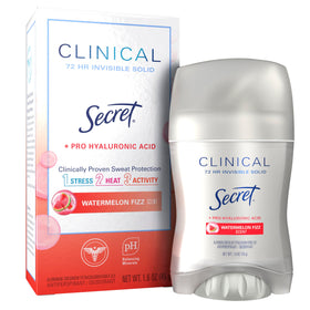 Secret Clinical front packaging showing watermelon fizz scent and 72hr protection