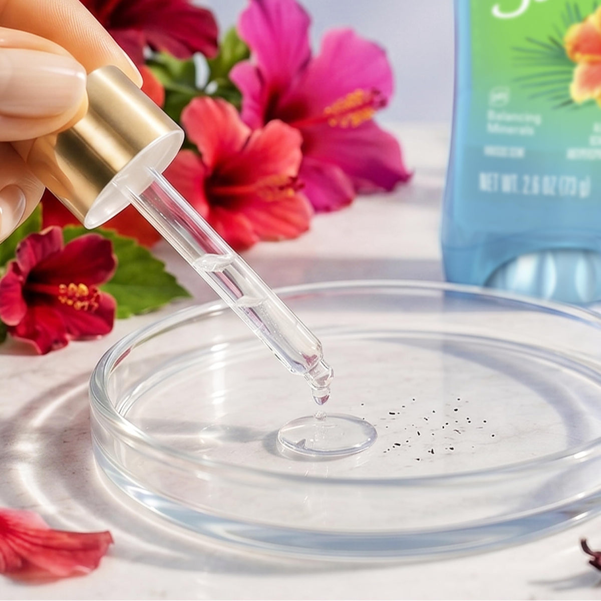 Secret deodorant beside clothes illustrating no-stain protection for fabric benefit