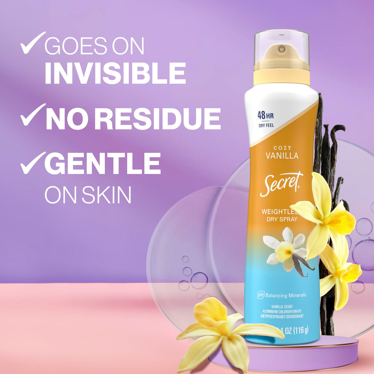 Secret back label with ingredients and directions for safe use benefit