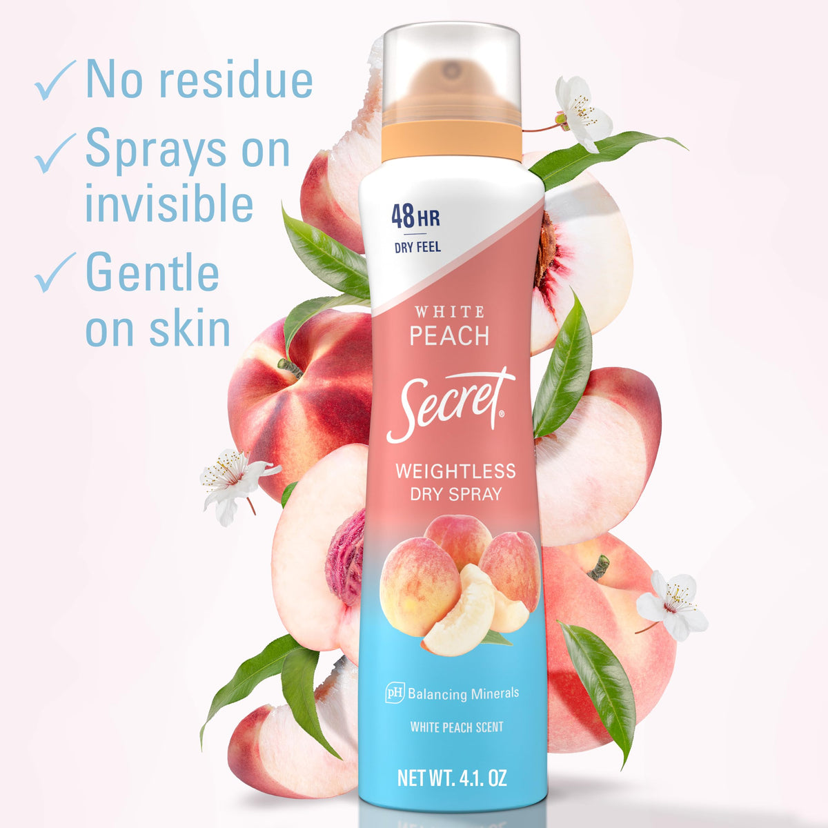 Secret dry spray close texture shot highlighting quick-dry finish for comfort