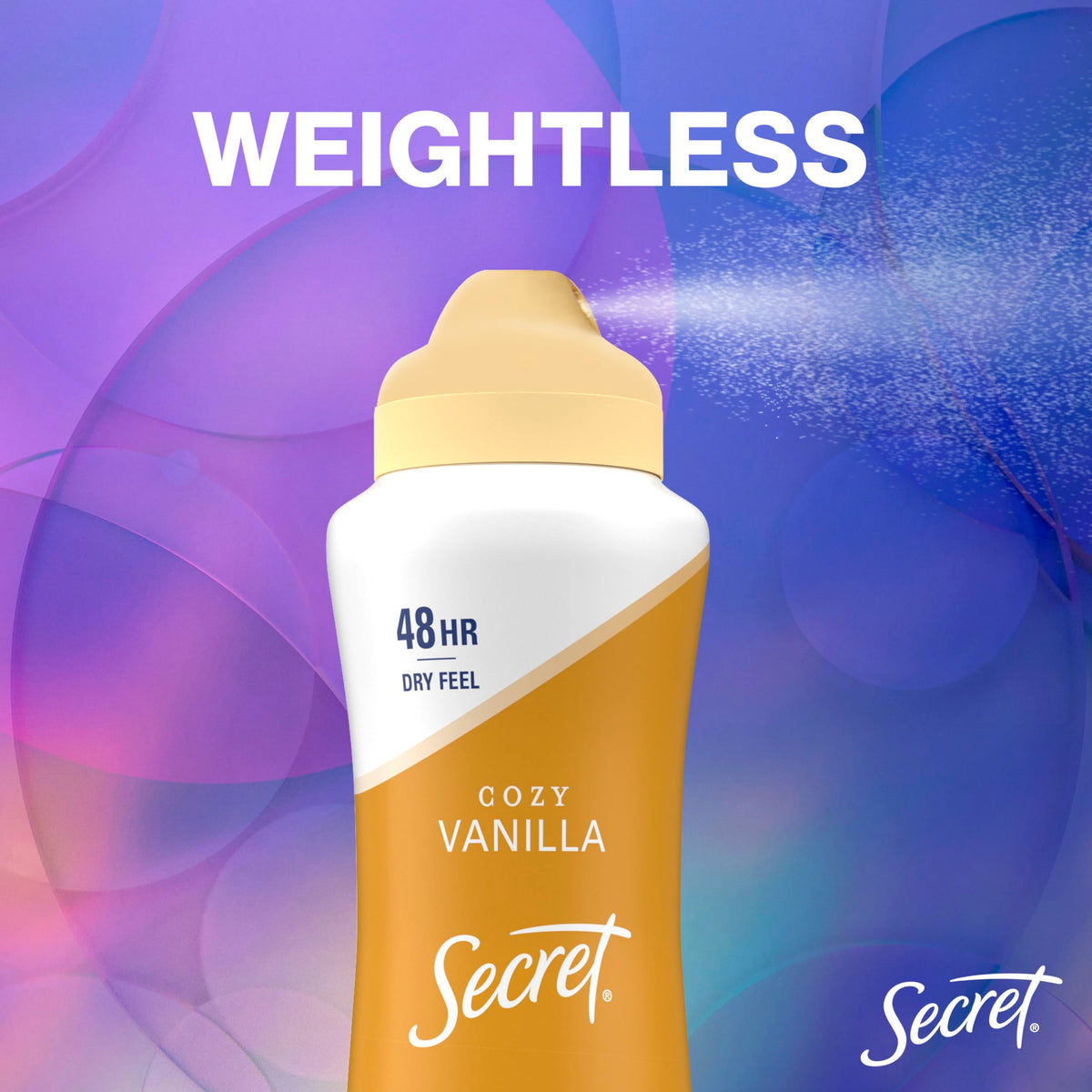Secret mist in use on underarm showing quick dry for immediate dressing benefit