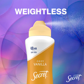 Secret mist in use on underarm showing quick dry for immediate dressing benefit
