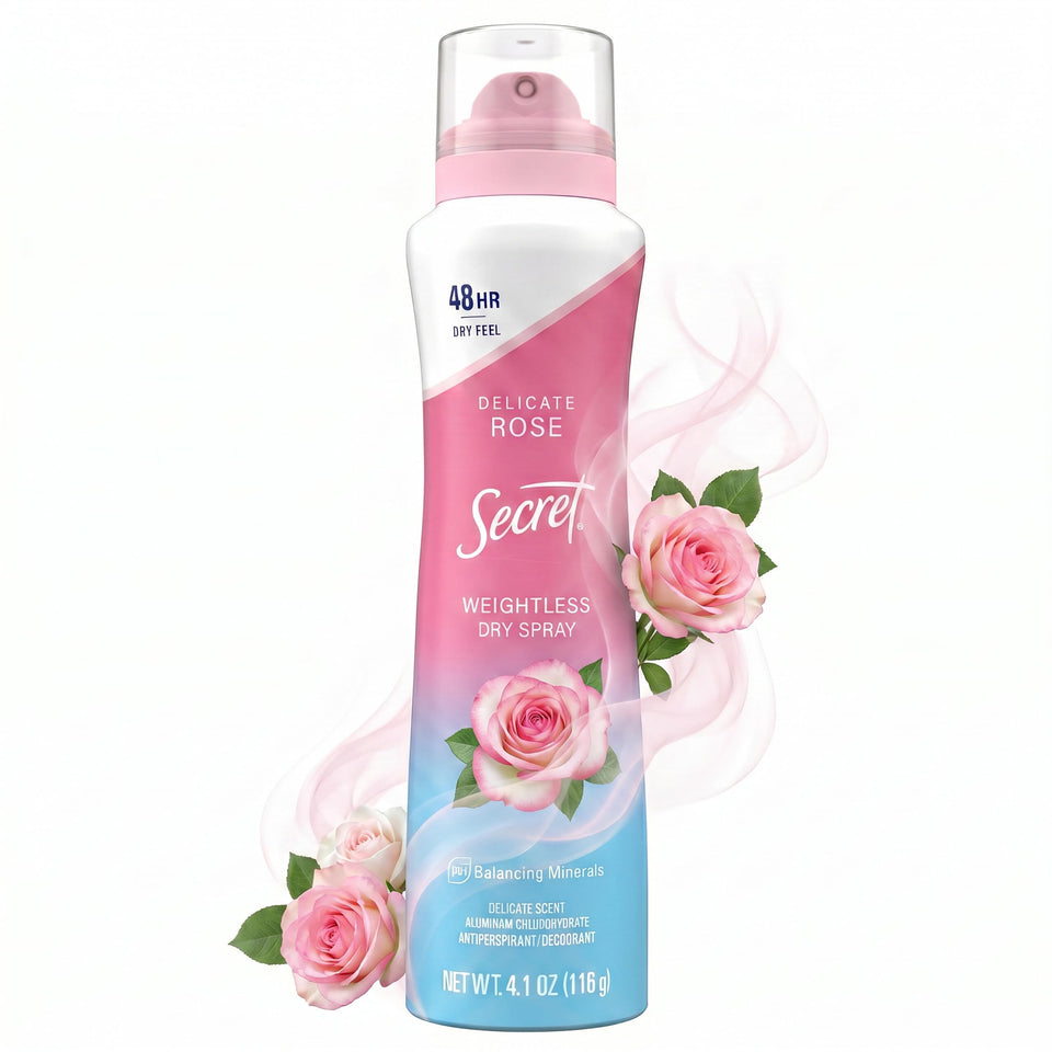Secret dry spray front packaging showing scent and 4.1 oz size for confident wear