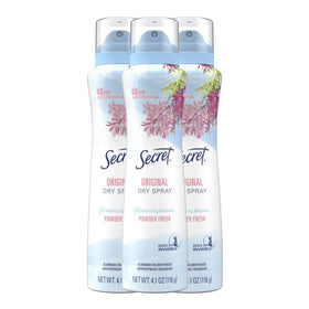 Secret dry spray front packaging showing powder fresh scent and benefit of long-lasting protection