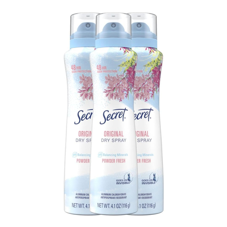 Secret dry spray front packaging showing powder fresh scent and benefit of long-lasting protection