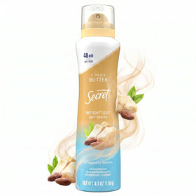 Secret dry spray front packaging showing product and cocoa butter scent benefit