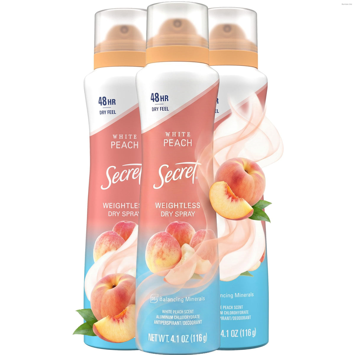 Secret dry spray front packaging showing white peach scent and 48-hour protection