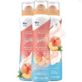 Secret dry spray front packaging showing white peach scent and 48-hour protection