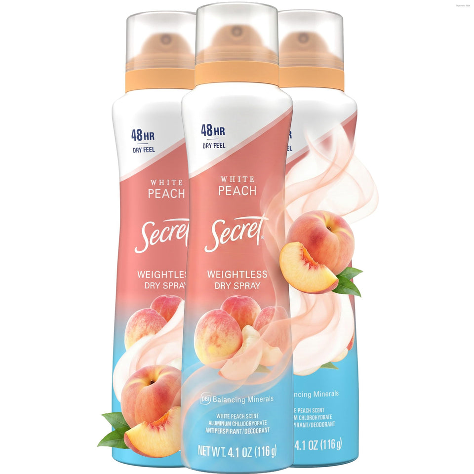 Secret dry spray front packaging showing white peach scent and 48-hour protection