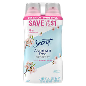 Secret dry spray front packaging showing cherry blossom scent and 48hr protection
