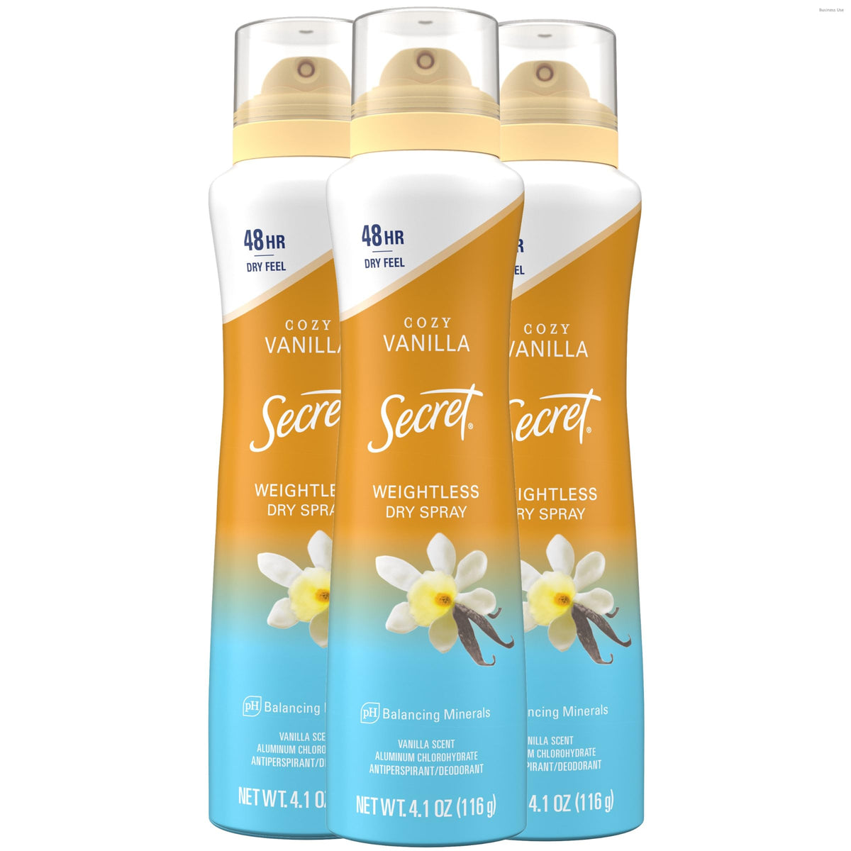 Secret front packaging showing neutral cozy vanilla scent and 48hr benefit