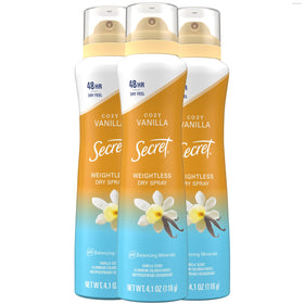 Secret front packaging showing neutral cozy vanilla scent and 48hr benefit