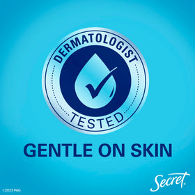 Secret dry spray placed on bathroom vanity signaling everyday gentle use