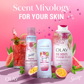 Secret with tropical mocktail props conveying Passionfruit & Guava fragrance benefit