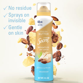 Secret dry spray side label close-up highlighting ingredients and gentle benefit