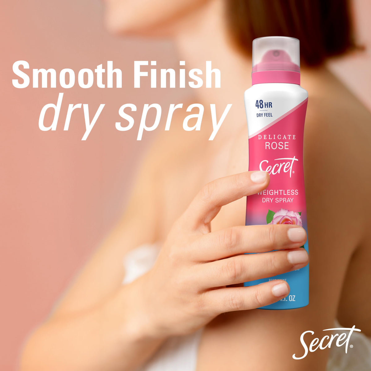 Secret dry spray size comparison next to hand illustrating 4.1 oz travel-ready