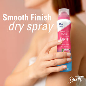 Secret dry spray size comparison next to hand illustrating 4.1 oz travel-ready