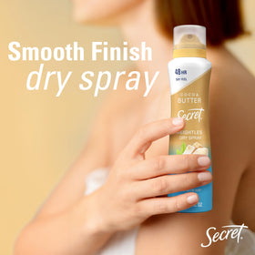 Secret dry spray cocoa butter scent concept conveying warm, subtle fragrance benefit