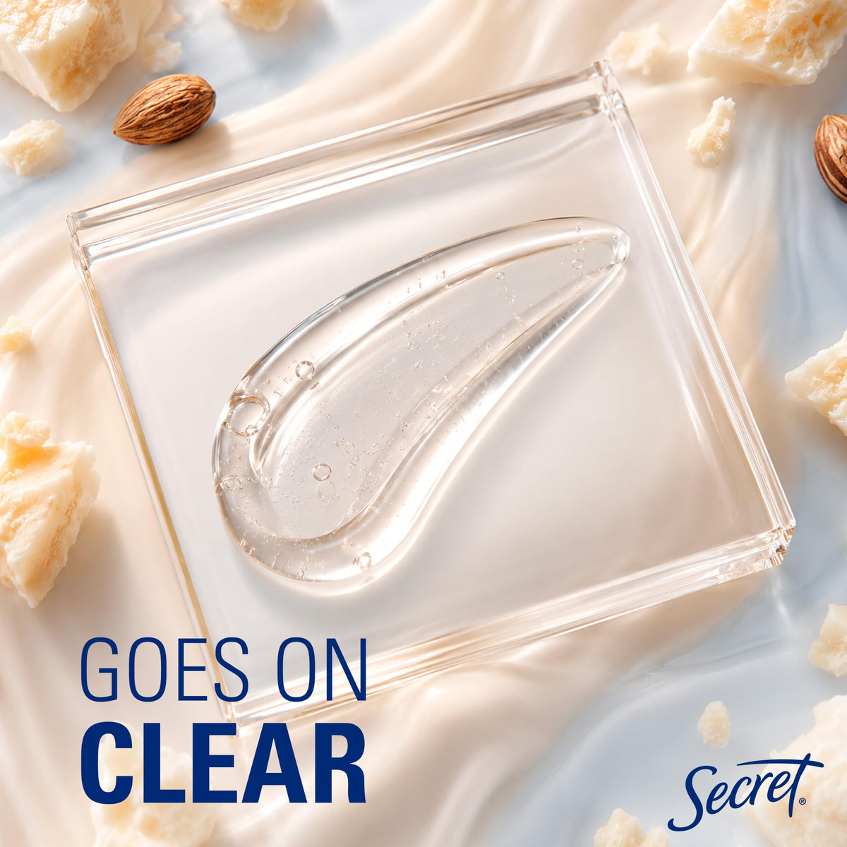 Secret clear gel texture on skin demonstrating fast drying and invisible finish benefit