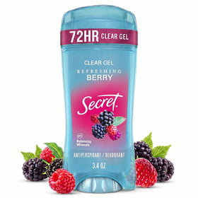 Secret front packaging showing clear gel and berry scent benefit