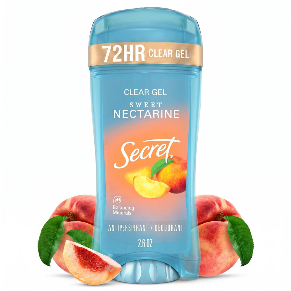 Secret clear gel front packaging showing product and nectarine scent benefits