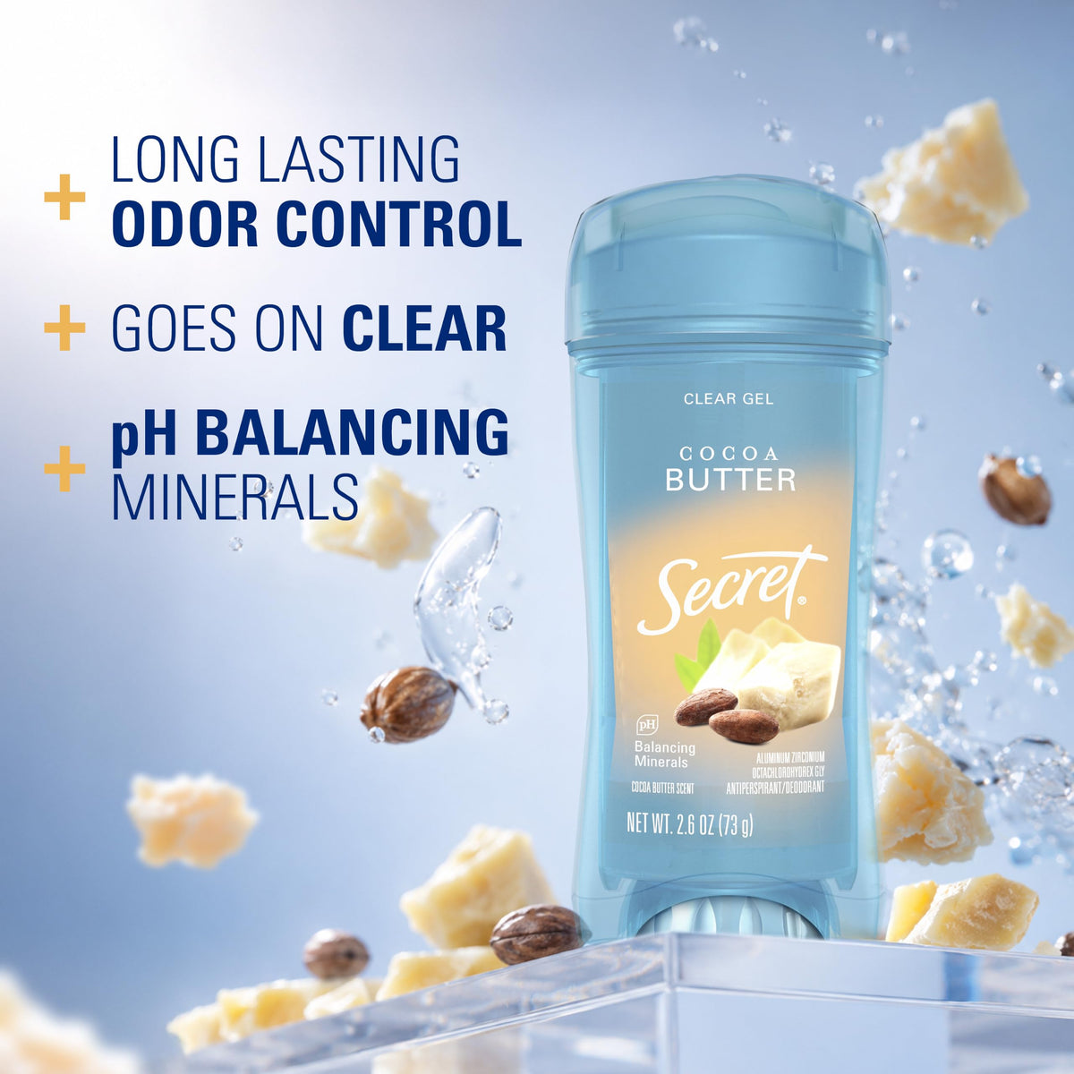 Secret label closeup highlighting 72‑hour protection and pH balancing minerals benefit