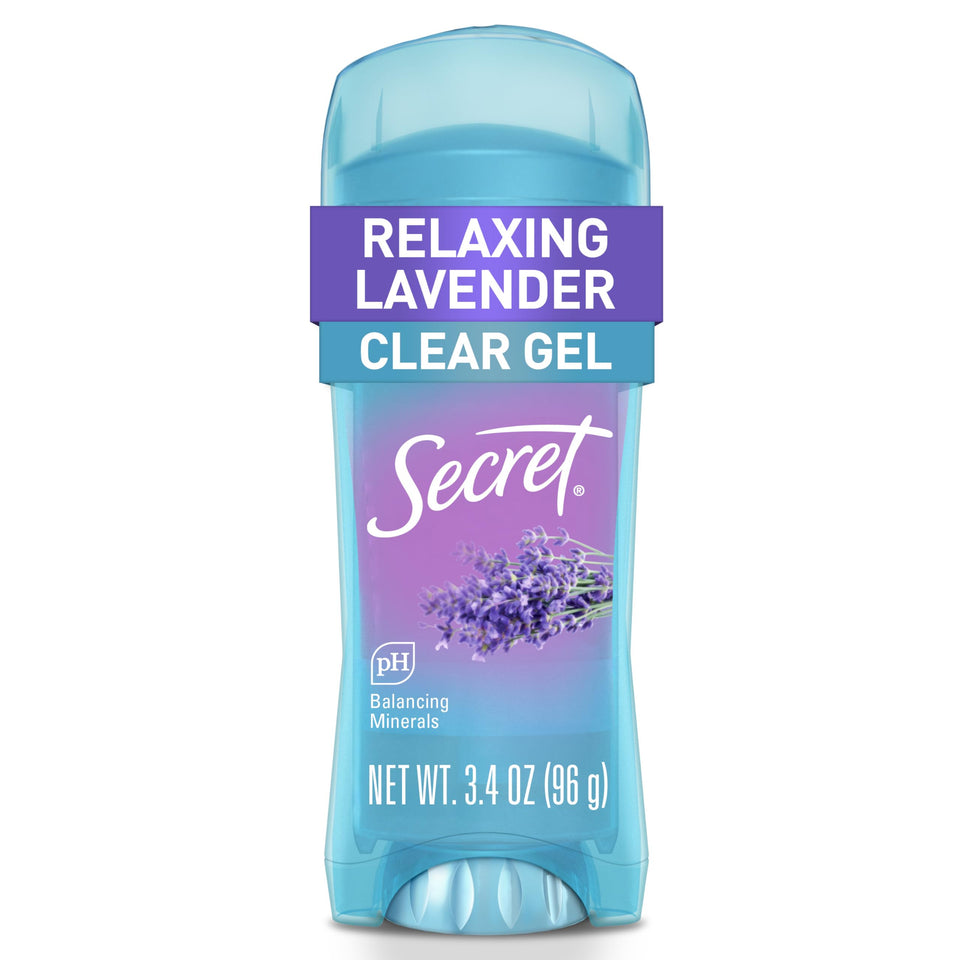 Secret clear gel front packaging showing brand and lavender scent benefit