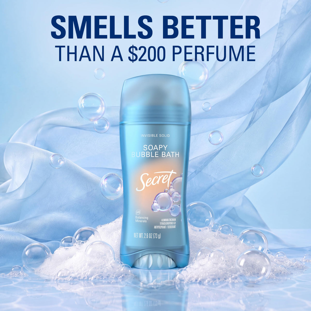 Secret Fresh label with soapy bubble bath scent for all-day freshness
